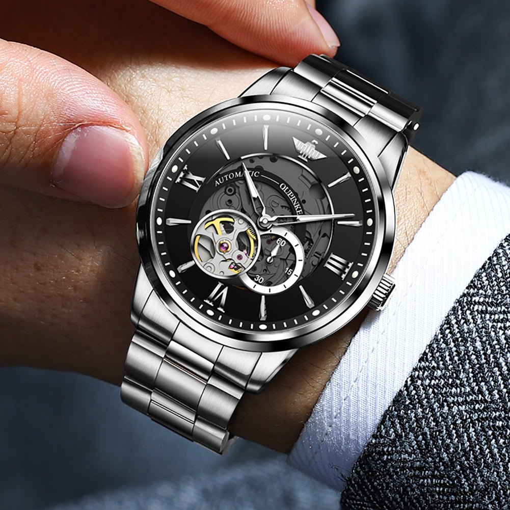 OUPINKE Hollow Time 3190 gold black skeleton dial watch worn on wrist