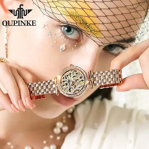 Ladies Watches for Style & Price DIAMOND OUPINKE 3175, JDRP Luxury, Gold Diamond Face, Stainless Strap, Design Image 3