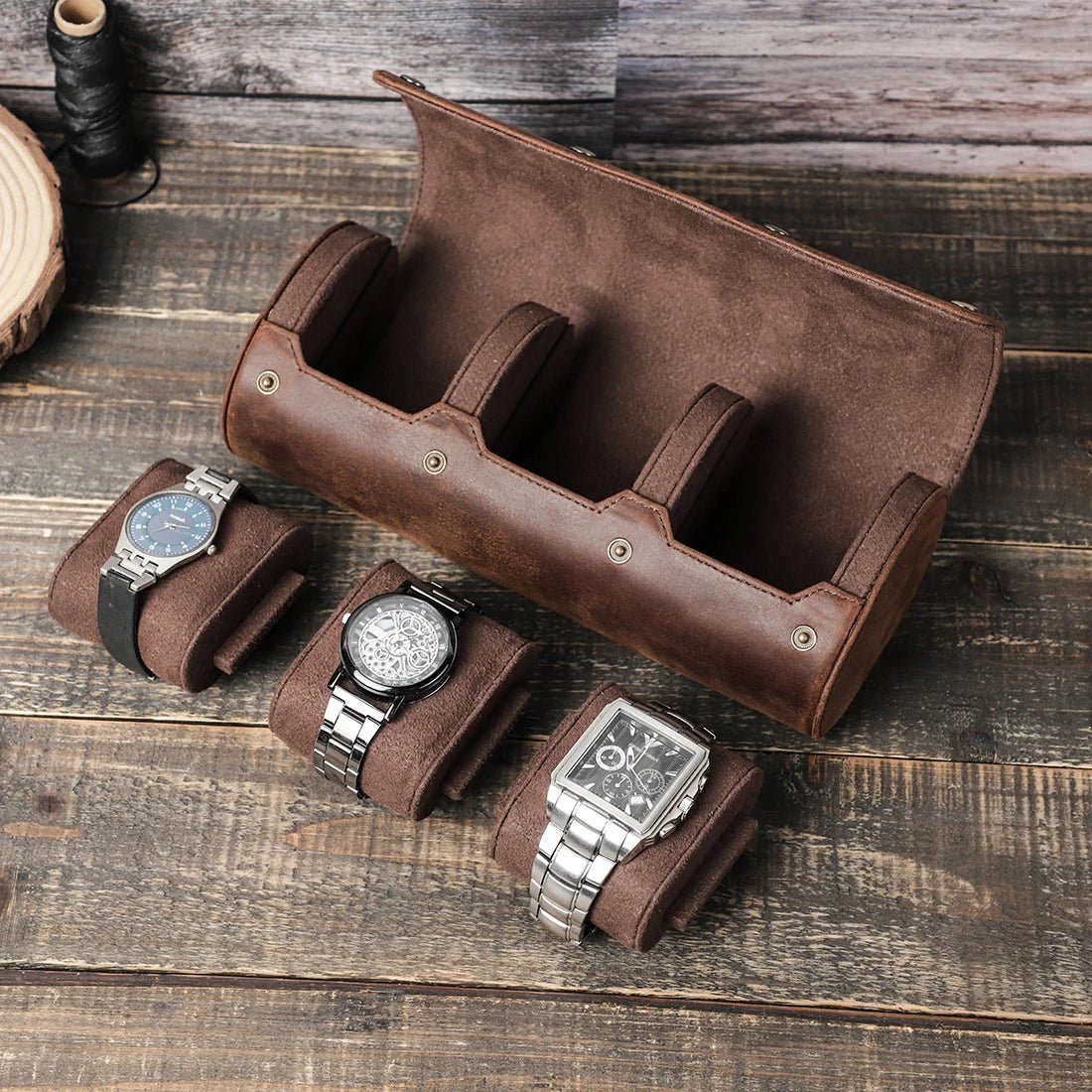 3 Slot Watch Travel Case, JDRP-Luxury, Color Coffee, With Watch Image