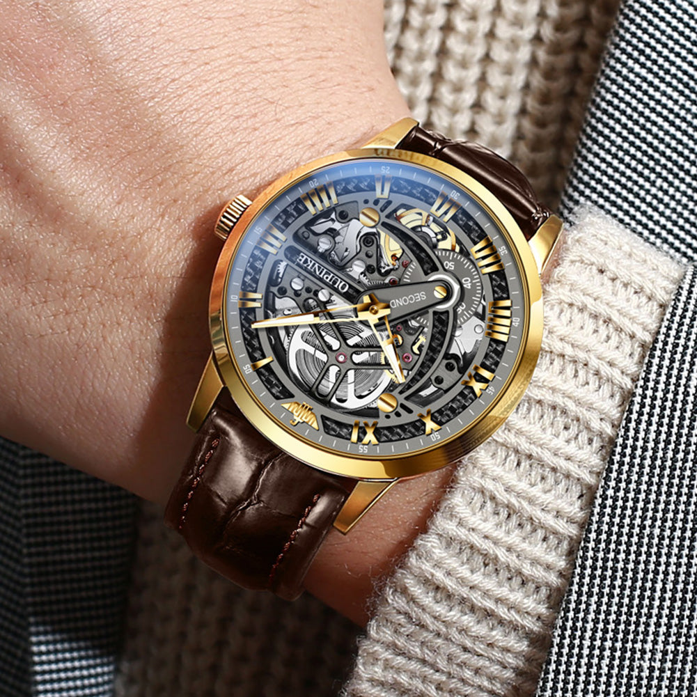 OUPINKE 3173 gold case black skeleton dial automatic watch on brown leather strap