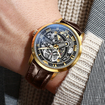OUPINKE 3173 gold case black skeleton dial automatic watch on brown leather strap