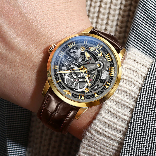 OUPINKE 3173 gold case black skeleton dial automatic watch on brown leather strap
