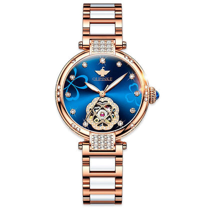 AURORA BELLE OUPINKE 3183, JDRP Luxury, Blue Face, Ceramic Bracelet, Front Image