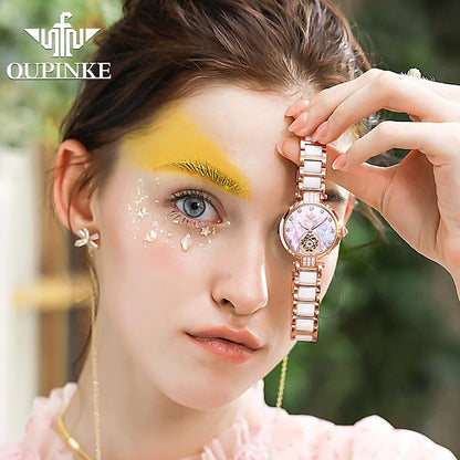 AURORA BELLE OUPINKE 3183, JDRP Luxury, White Face, Ceramic Bracelet, Design Image 