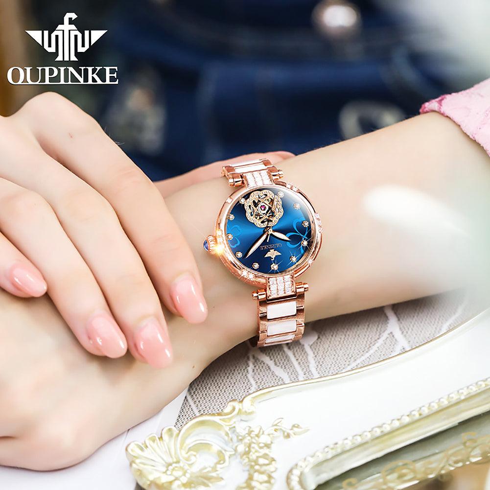 AURORA BELLE OUPINKE 3183, JDRP Luxury, Blue Face, Ceramic Bracelet, Front Image 2