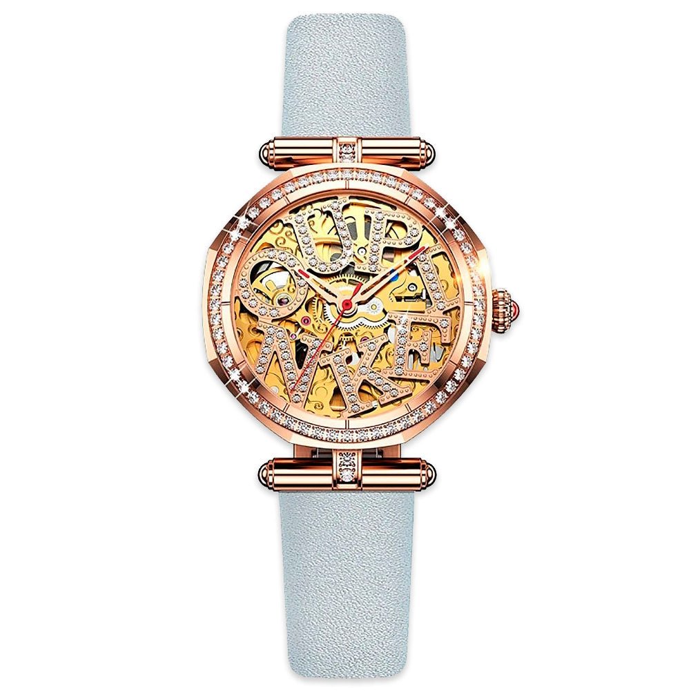 DIAMOND OUPINKE 3175 Series JDRP-Luxury.com, Gold Diamond Face, White Strap, Front Image