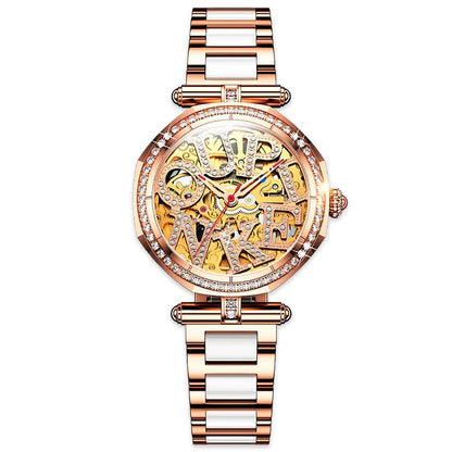 DIAMOND OUPINKE 3175 Series JDRP-Luxury.com, Gold Diamond Face, Ceramic Strap, Front Image