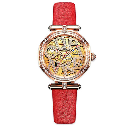 DIAMOND OUPINKE 3175 Series JDRP-Luxury.com, Gold Diamond Face, Red Strap, Front Image