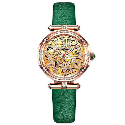 DIAMOND OUPINKE 3175 Series JDRP-Luxury.com, Gold Diamond Face, Green Strap, Front Image