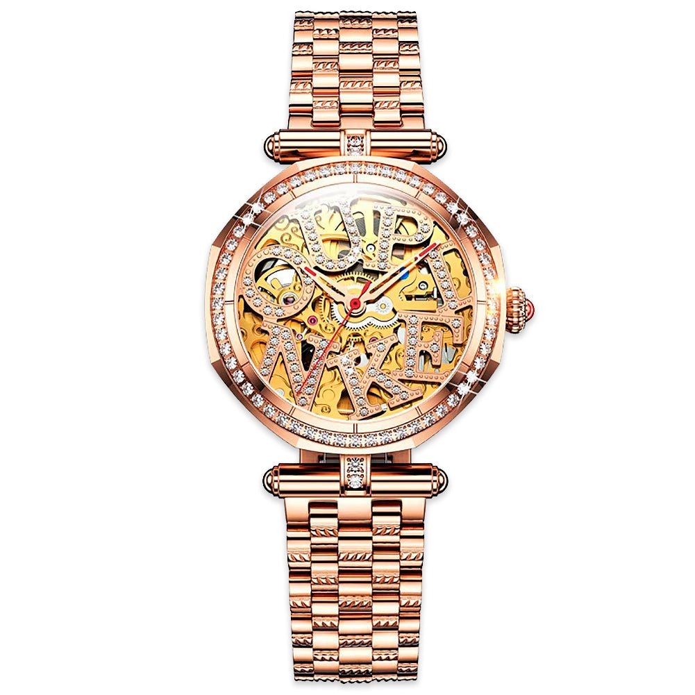 DIAMOND OUPINKE 3175 Series JDRP-Luxury.com, Gold Diamond Face, Stainless Strap, Front Image