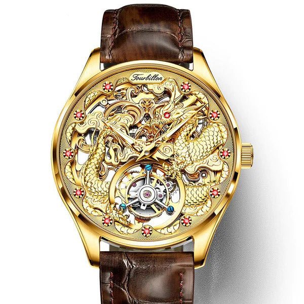 FLYING DRAGON OUPINKE 3176 JDRP-Luxury.com, Open Back, Brown Leather Strap, Front View Image, A Tourbillon Watch for the Man of Style.