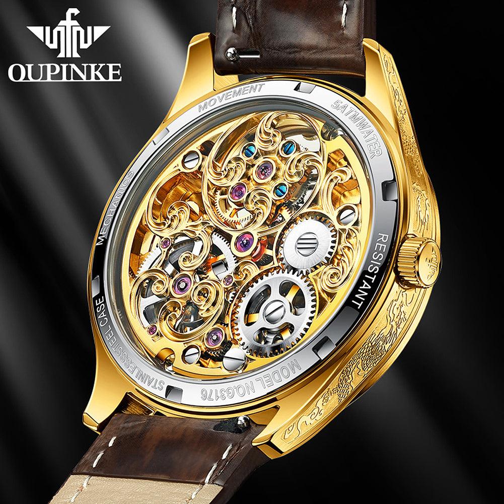 FLYING DRAGON OUPINKE 3176 JDRP-Luxury.com, Open Back, Brown Leather Strap, Back & Side View Image, A Tourbillon Watch for the Man of Style.