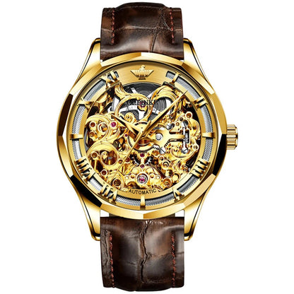 GOLF SPORT OUPINKE 3168 LEATHER, JDRP Luxury, Gold Face, Brown Strap, Front Image, exquisite automatic mechanical watch