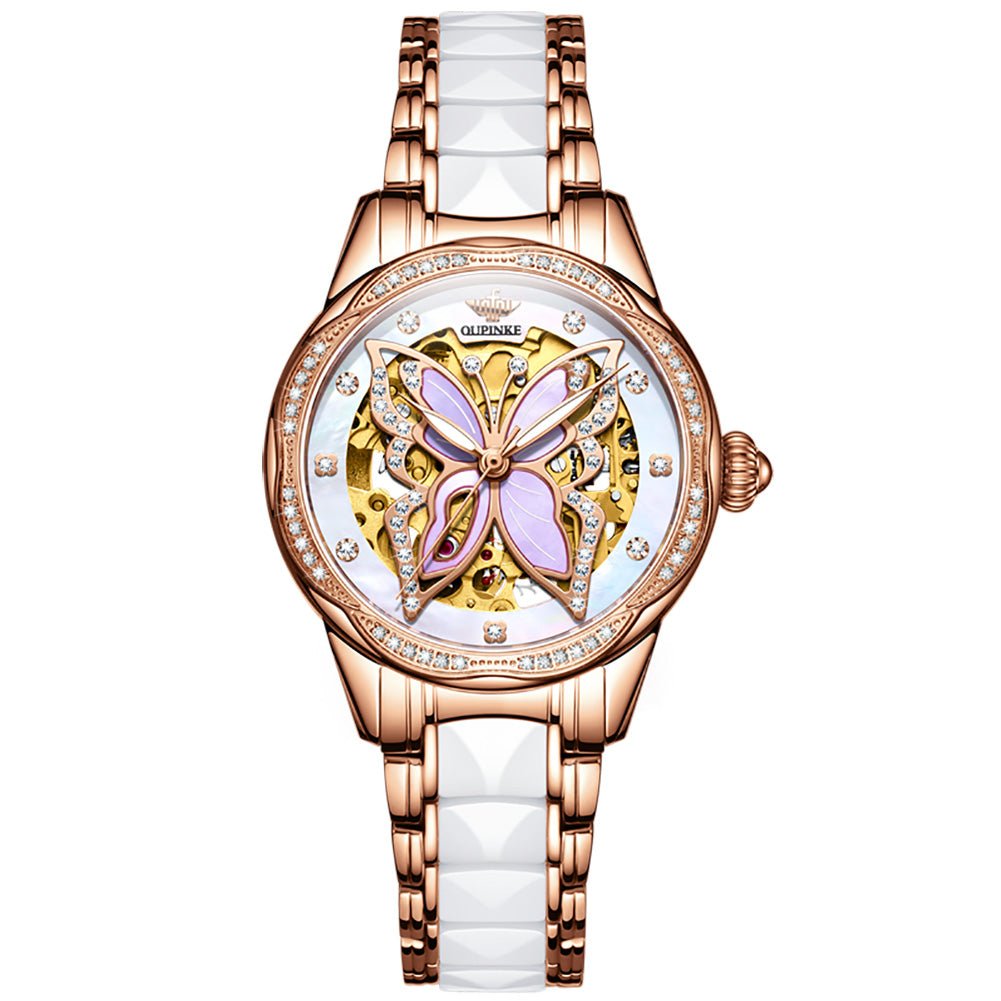 Luxury watch with butterfly design on a white background