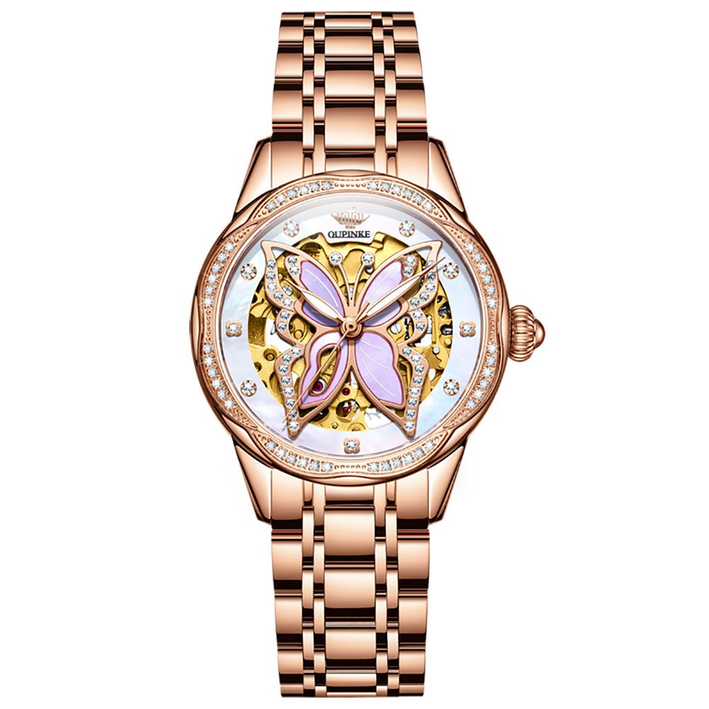 Luxury watch with butterfly design and rose gold strap on white background