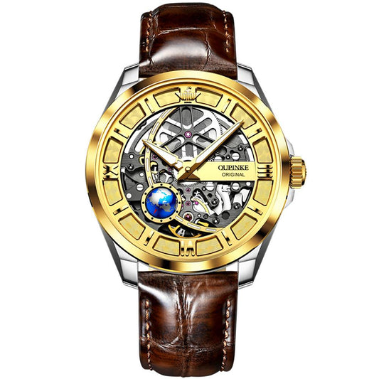 Hollow Mechanical Men's Watch 3268OUPINKE, JDRP Luxury, Gold Face, Brown Strap, Front Image