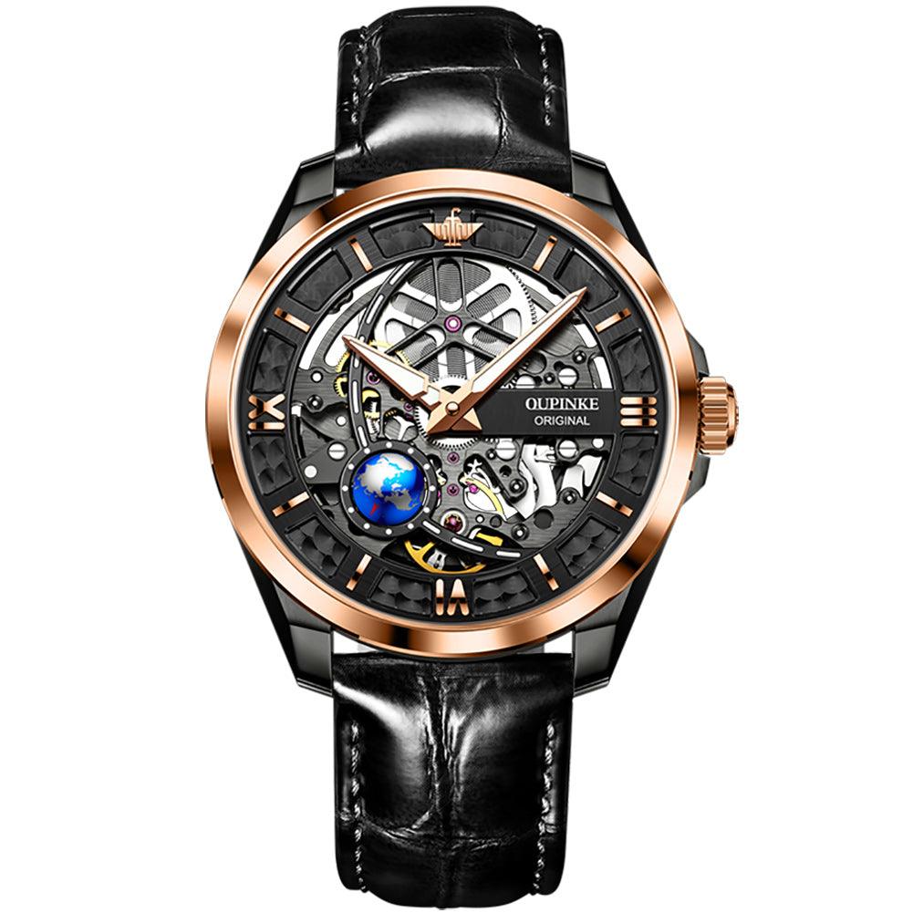 Hollow Mechanical Men's Watch 3268OUPINKE, JDRP Luxury, Rose Face, Black Strap, Front  Image