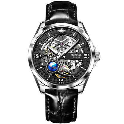 Hollow Mechanical Men's Watch 3268OUPINKE, JDRP Luxury, Silver Face, Black Strap, Front Image