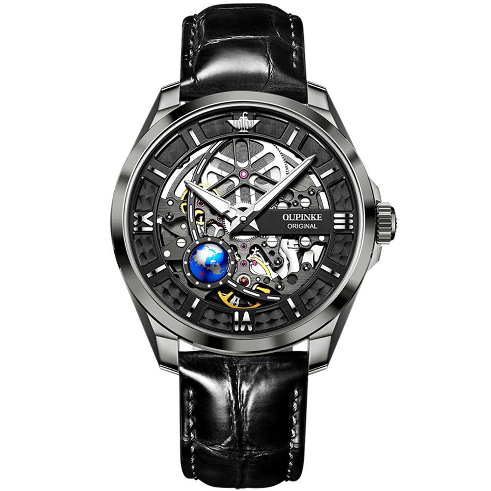 Hollow Mechanical Men's Watch 3268OUPINKE, JDRP Luxury, Gray Face, Black Strap, Front  Image