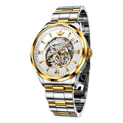 Hollow Time Men's Watch 3190 OUPINKE, JDRP-Luxury.com, Japanese Mechanical Movement, Gold White Face, Side Image, Imported Japanese Mechanical Movement