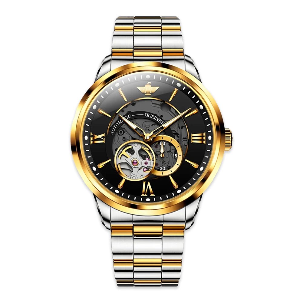 Hollow Time Men's Watch 3190 OUPINKE JDRP-Luxury.com, Gold Black Face, Front Image, Imported Japanese Mechanical Movement