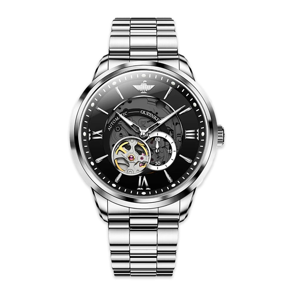 Hollow Time Men's Watch 3190 OUPINKE JDRP-Luxury.com, Japanese Mechanical Movement, Silver Black Face, Front Image, Imported Japanese Mechanical Movement