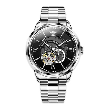 Hollow Time Men's Watch 3190 OUPINKE JDRP-Luxury.com, Japanese Mechanical Movement, Silver Black Face, Front Image, Imported Japanese Mechanical Movement