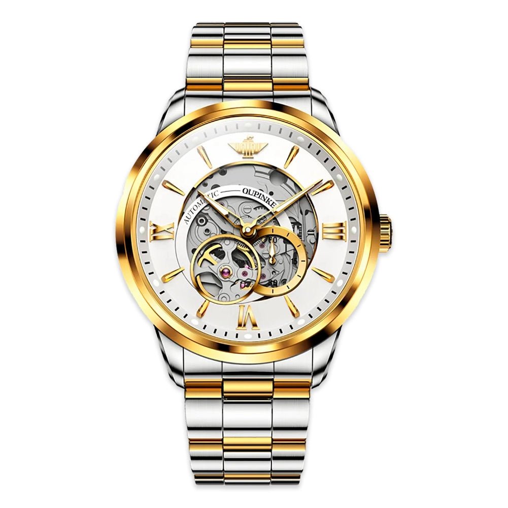 Hollow Time Men's Watch 3190 OUPINKE, JDRP-Luxury.com, Japanese Mechanical Movement, Gold White Face, Front Image, Imported Japanese Mechanical Movement