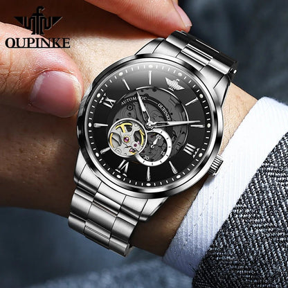 Hollow Time Men's Watch 3190 OUPINKE, JDRP-Luxury.com, Japanese Mechanical Movement Silver Black Face, Design Image