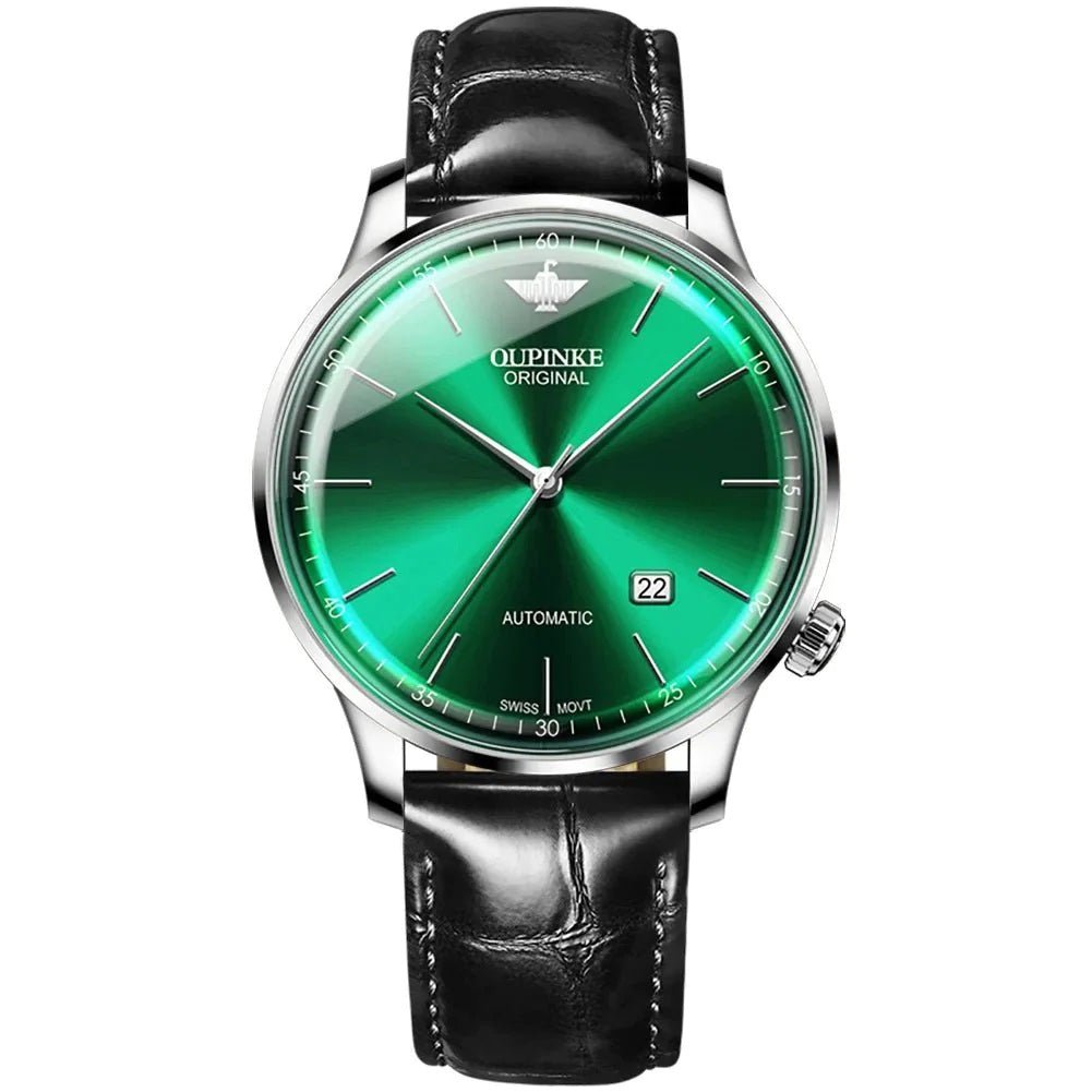 Men's Swiss Ultra Thin Watch 3269OUPINKE, JDRP Luxury, Green Face, Black Strap, Front Image