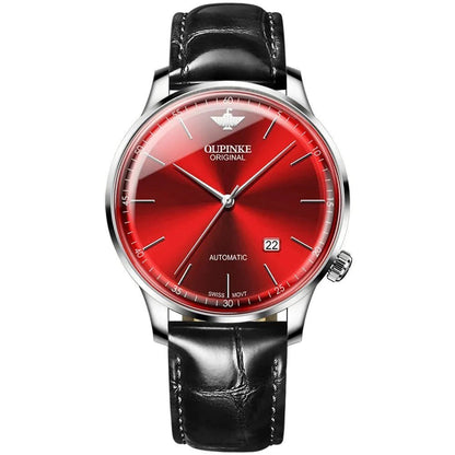 Men's Swiss Ultra Thin Watch 3269OUPINKE, JDRP Luxury, Red Face, Black Strap, Front Image