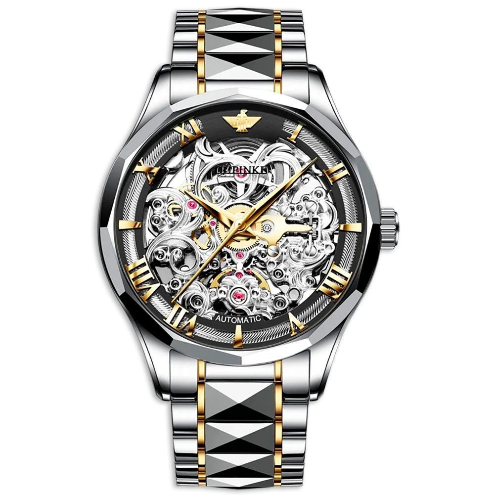 OUPINKE 3168 Golf Sport Steel black gold skeleton dial mechanical luxury watch