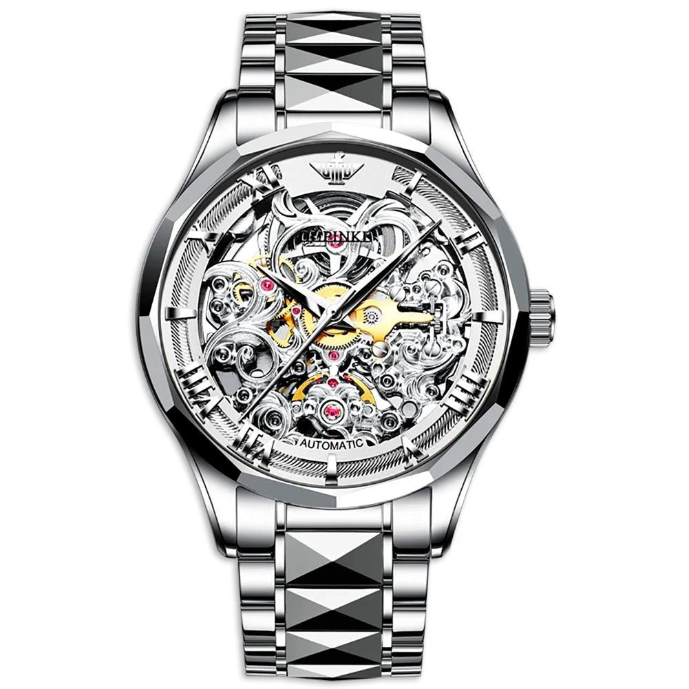 OUPINKE 3168 Golf Sport Steel skeleton dial mechanical stainless steel watch white dial