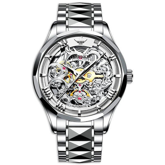 OUPINKE 3168 Golf Sport Steel skeleton dial mechanical stainless steel watch white dial