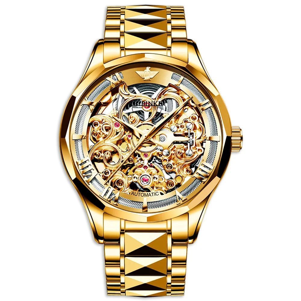 OUPINKE 3168 Golf Sport Steel gold skeleton dial mechanical stainless steel watch