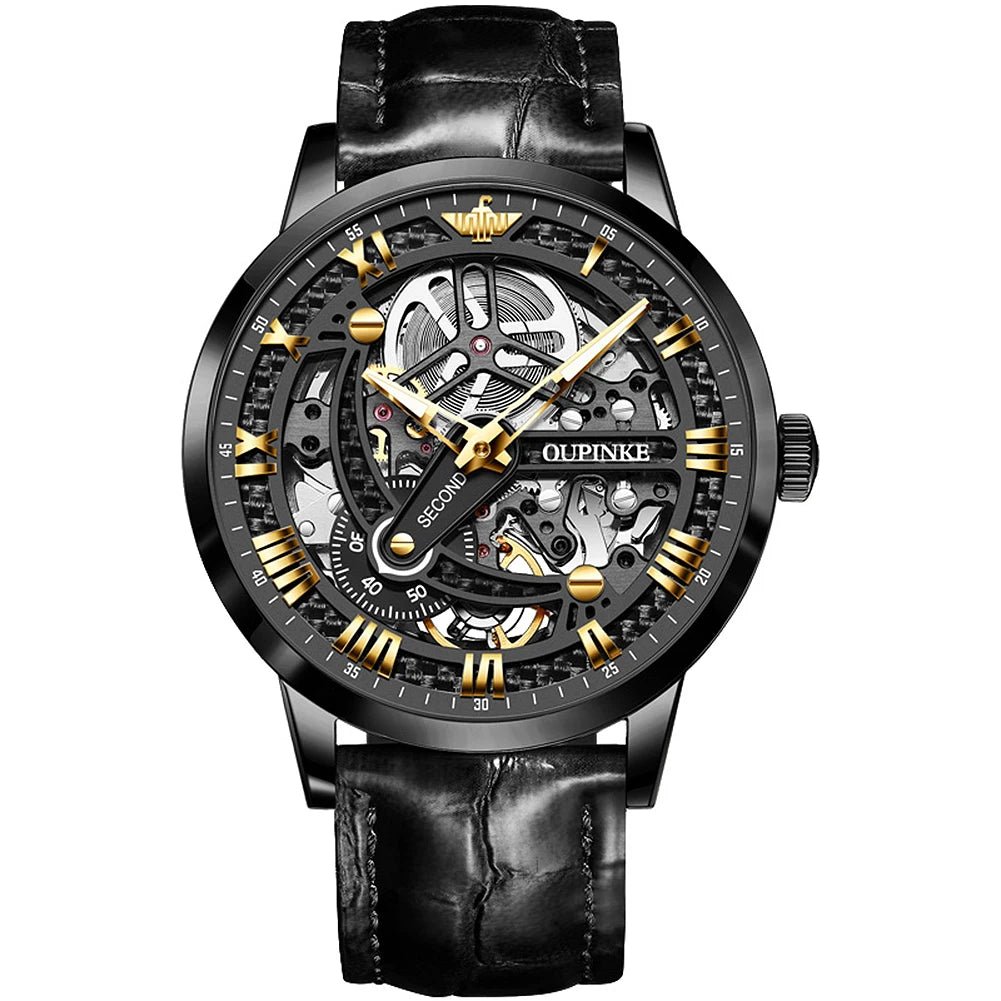 OUPINKE 3173 black case black skeleton dial automatic mechanical watch front view