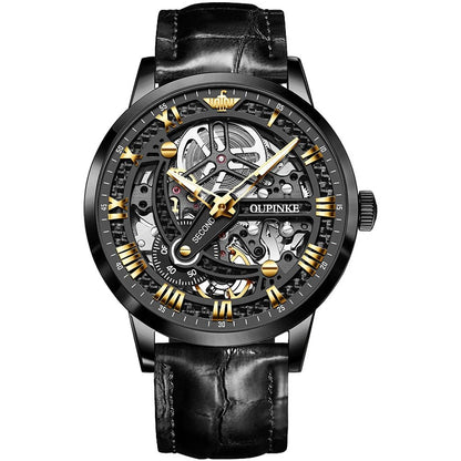 OUPINKE 3173 black case black skeleton dial automatic mechanical watch front view