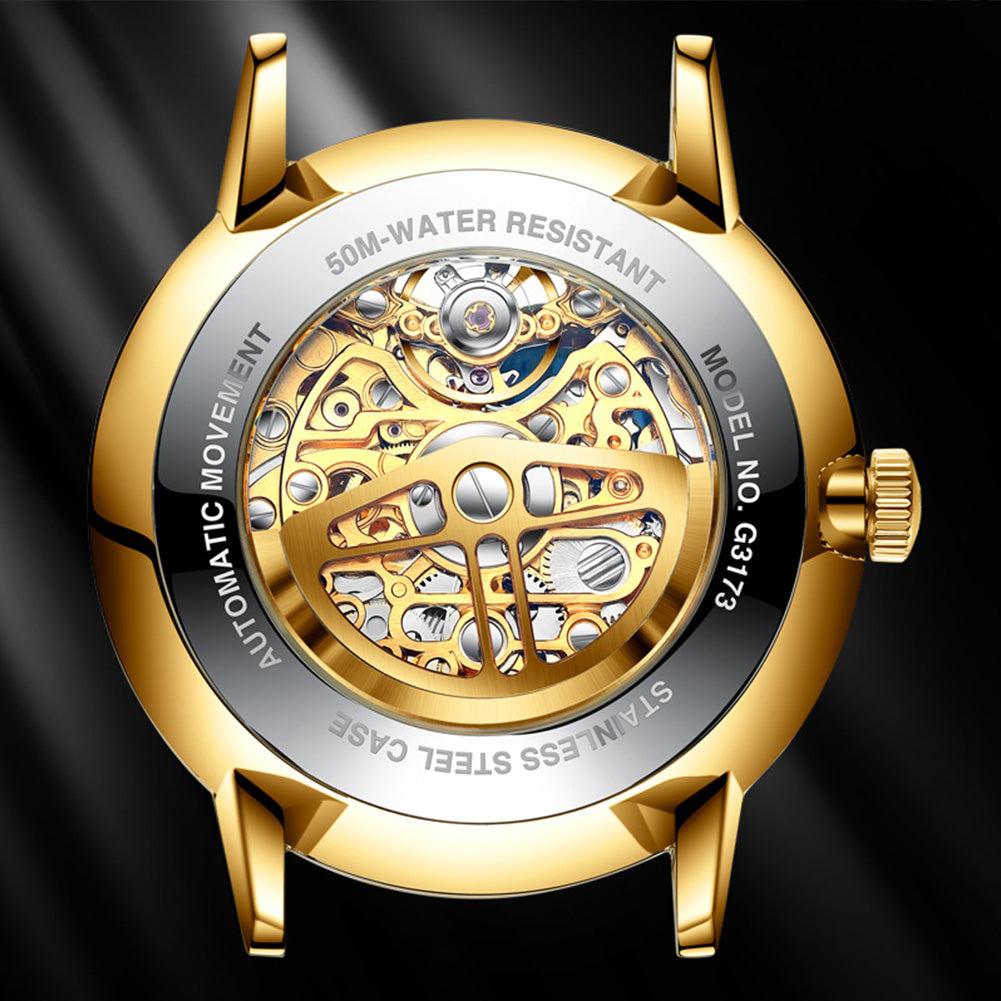 OUPINKE 3173 exhibition case back showing automatic movement ruby bearings and winding rotor