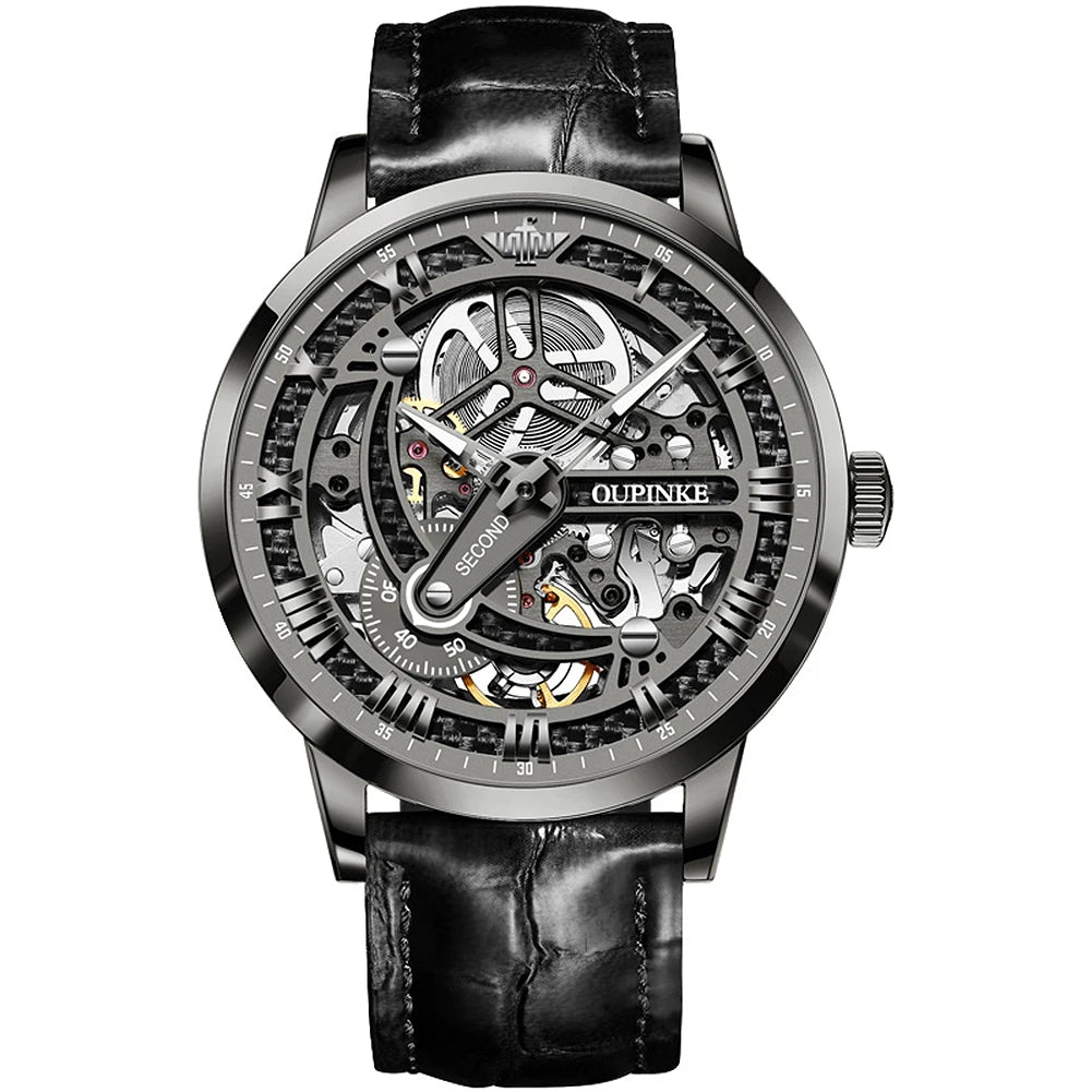 OUPINKE 3173 gunmetal skeleton dial automatic watch with open worked movement