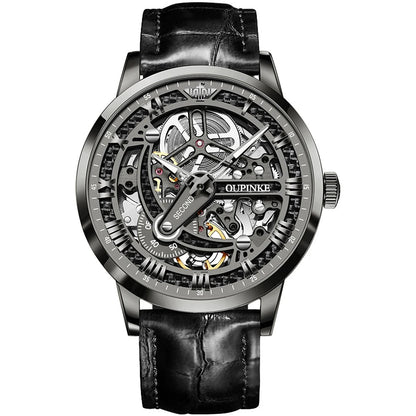 OUPINKE 3173 gunmetal skeleton dial automatic watch with open worked movement