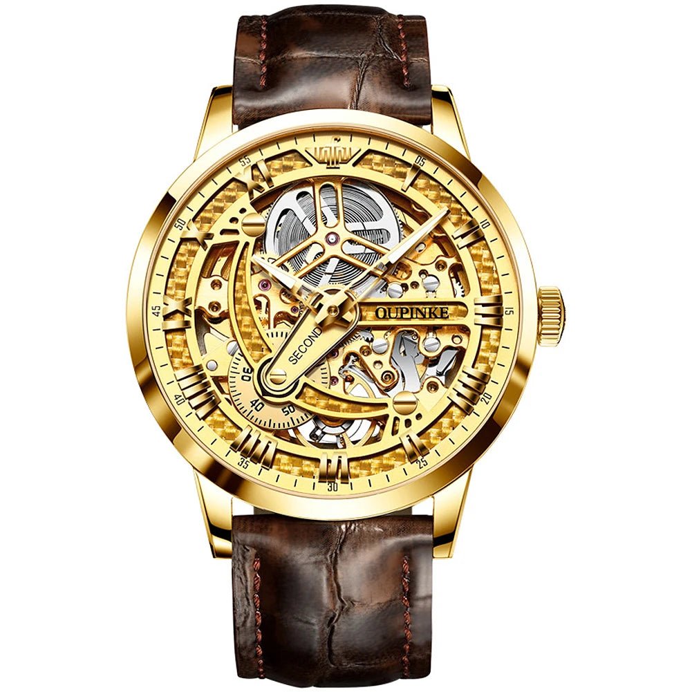 OUPINKE 3173 gold skeleton automatic watch with fully hollow dial front view