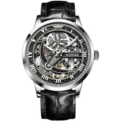 OUPINKE 3173 silver case black skeleton dial automatic mechanical watch front view