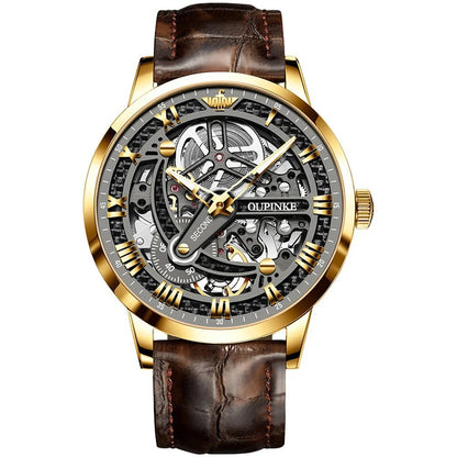 OUPINKE 3173 Precision Automatic skeleton watch gold case black dial