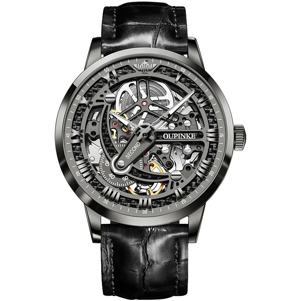 OUPINKE 3173 Precision Automatic skeleton watch dark gray dial black leather strap