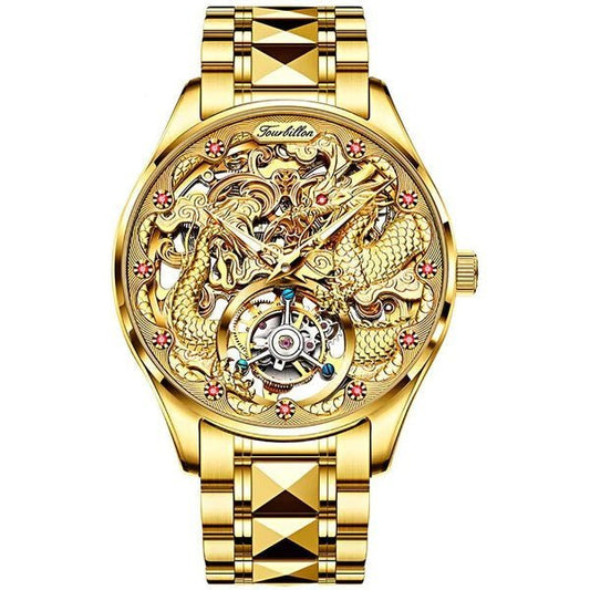 OUPINKE 3176 Flying Dragon tourbillon gold steel bracelet skeleton dial watch