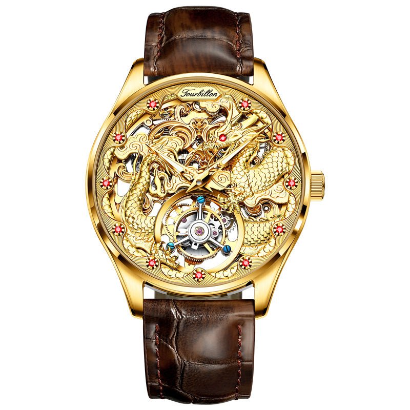 OUPINKE 3176 Flying Dragon Tourbillon watch gold dragon dial brown leather strap