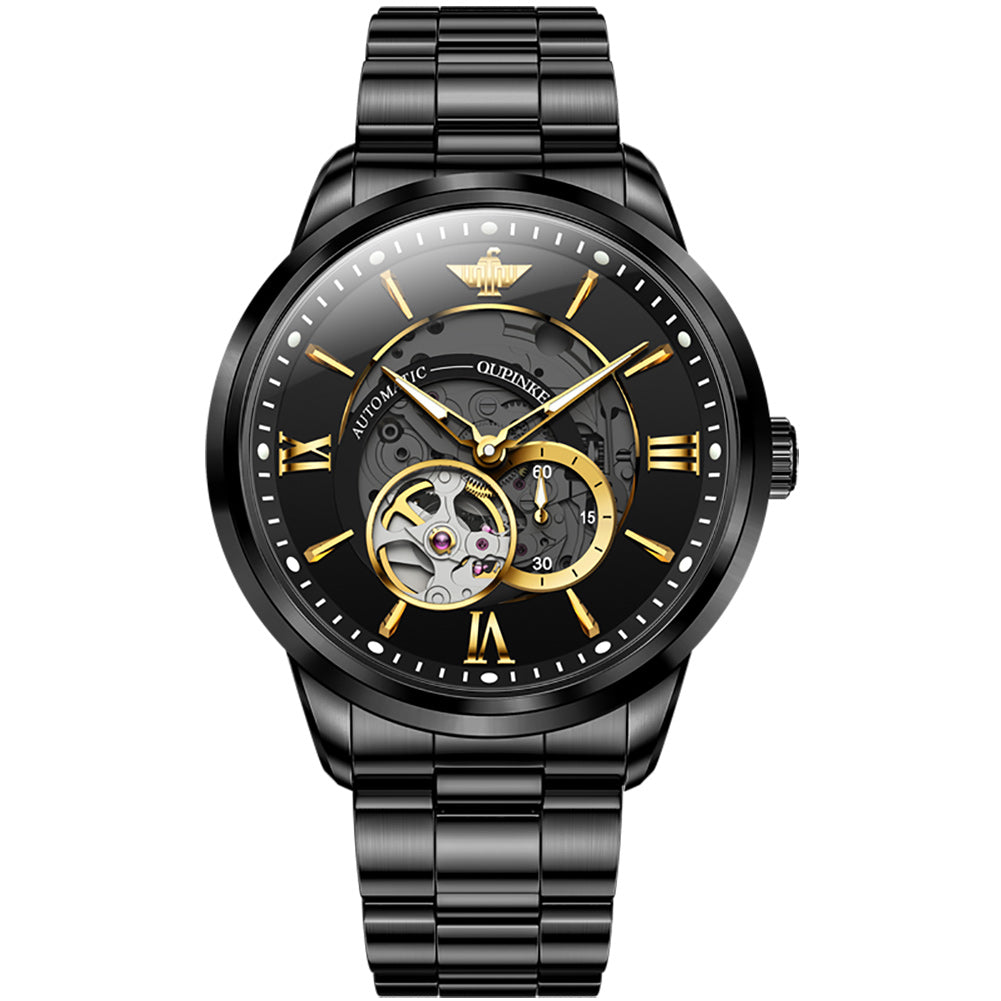 OUPINKE Hollow Time 3190 black skeleton dial automatic watch stainless steel bracelet