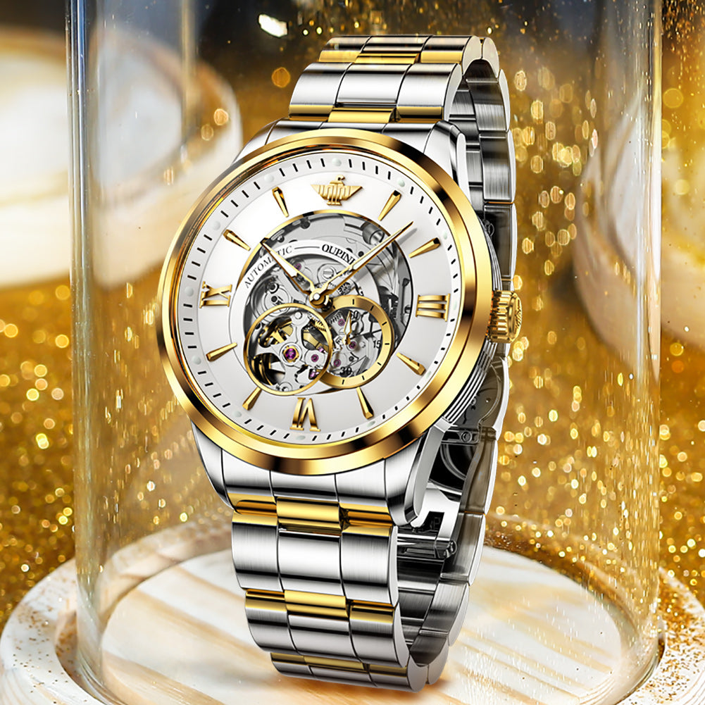 OUPINKE Hollow Time 3190 gold white skeleton dial luxury display watch