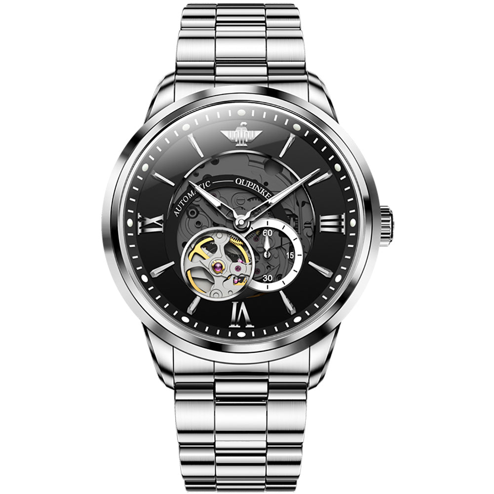 OUPINKE Hollow Time 3190 silver black skeleton dial mechanical watch