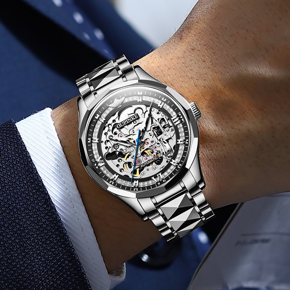 OUPINKE 3209 automatic mechanical watch black gold skeleton dial wrist shot